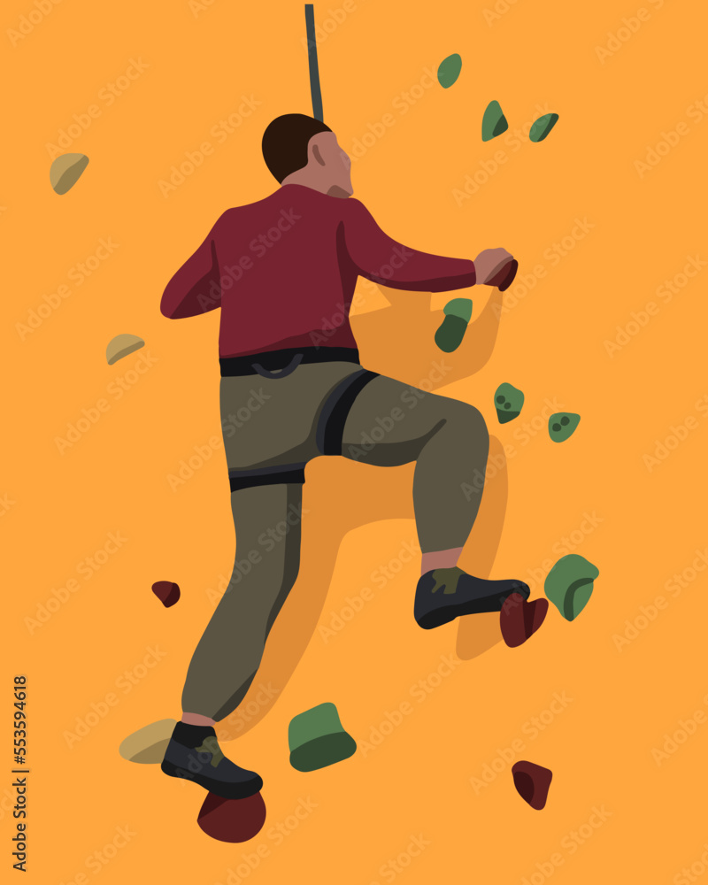 Vector isolated illustration of a man on a rock climbing wall.