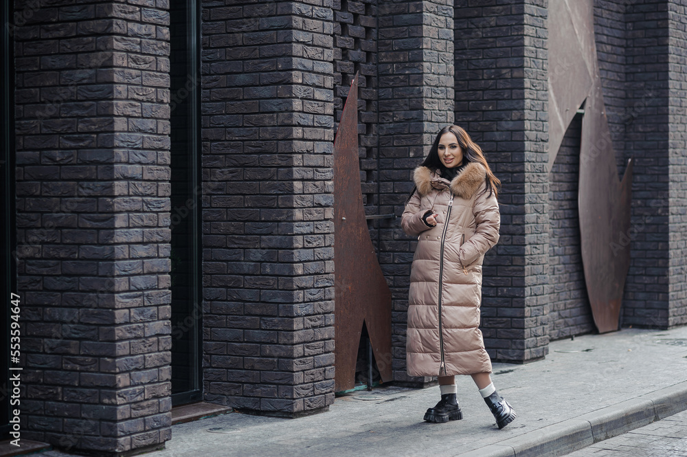 Beautiful young pregnant woman in a brown coat, in the background a brick wall Beautiful young pregnant woman in a brown coat, in the background a brick wall