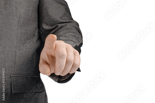 Businessman in a suit pointing with his finger. isolated on white background