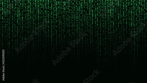 Falling points of binary code. Illustration of the matrix.Vector digital dark background with noise effect. Corrupted code, matrix failure. Visualization of big data.