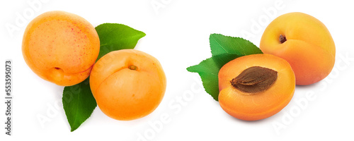 Apricot fruits with leaves isolated on white background, Top view. Flat lay