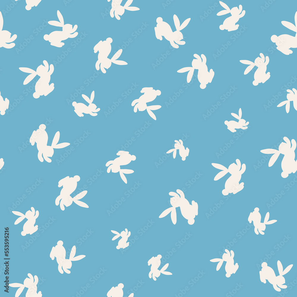 Seamless pattern with white silhouette Easter rabbits on BLUE background. Design for card, postcard, wallpaper, fabric, textile. Vector stock illustration. Cartoon style