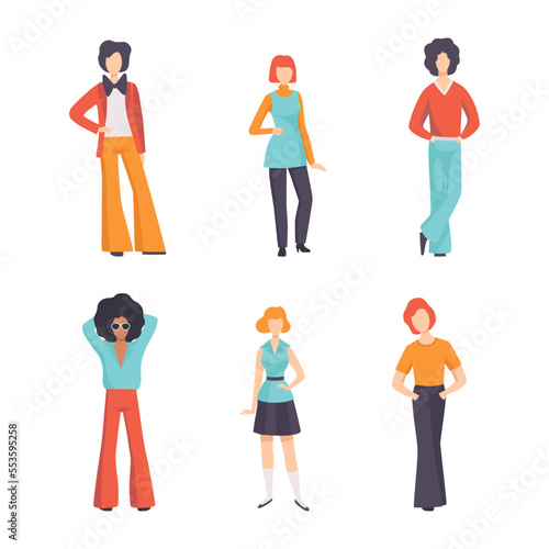 Man and Woman Character Wearing Vintage Clothing from 70s Vector Set