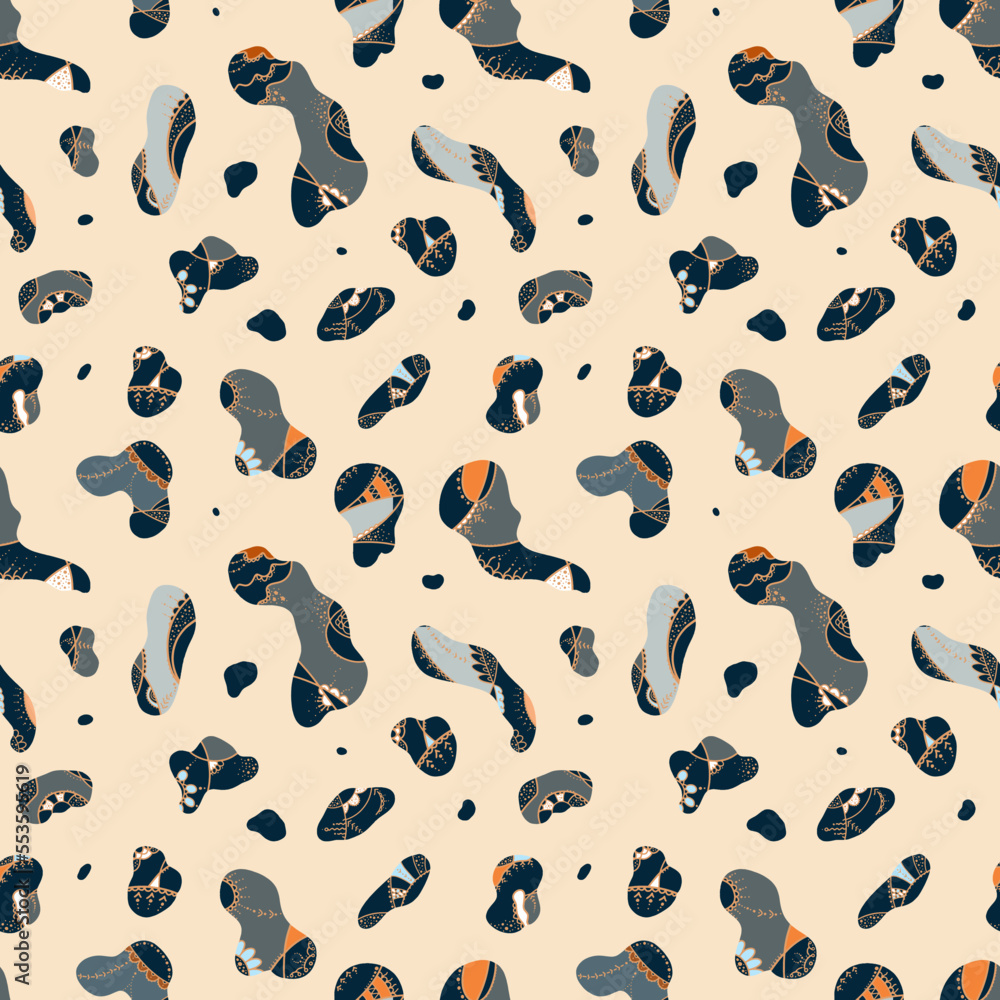 Painted vector pebbles on a beige background. Multicolored lines, stripes, spots.
