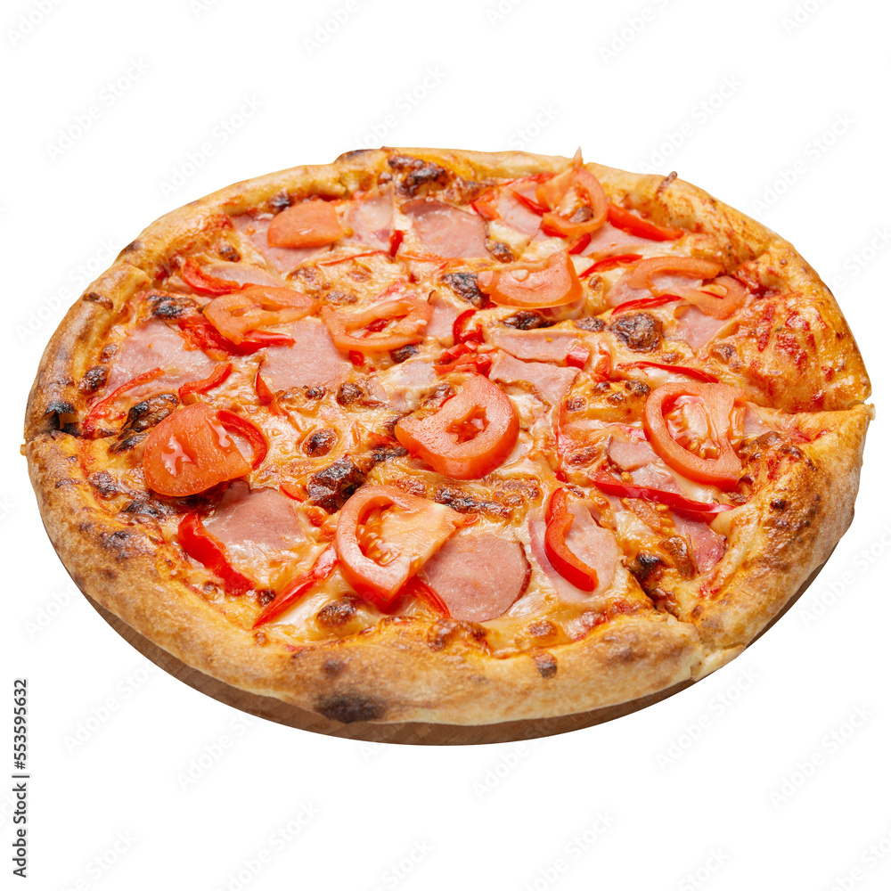 Italian pizza with cheese and tomatoes, on a round board, on a white background, isolate Italian pizza with cheese and tomatoes, on a round board, on a white background, isolate