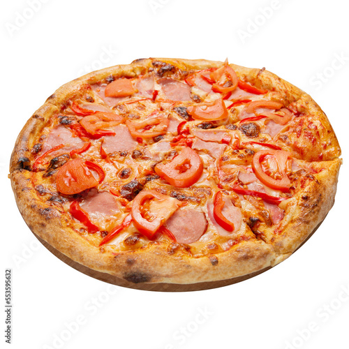 Italian pizza with cheese and tomatoes, on a round board, on a white background, isolate