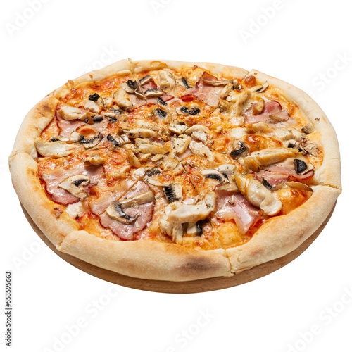 Italian pizza with prosciutto and mushrooms, on a round board, on a white background, isolate