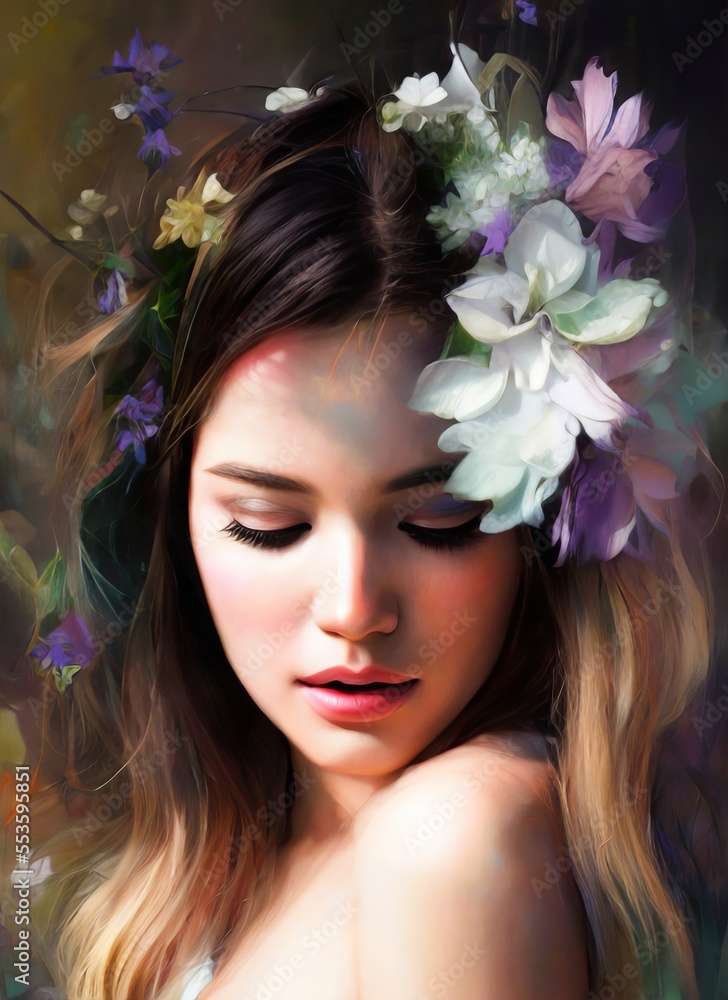 Digital painting of a beautiful girl. Digital illustration of a female face, Portrait of a beautiful woman with flowers. Generative AI