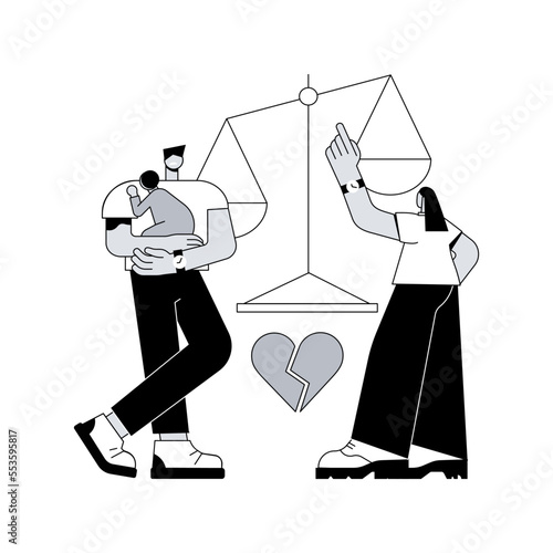 Matrimonial law abstract concept vector illustration. Family law, matrimonial property, child custody, divorce decree, scales of justice, sign document, judges gavel, agreement abstract metaphor.