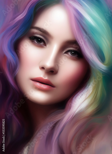 Colorful painting of a beautiful woman's face, Portrait of a beautiful woman. Generative AI