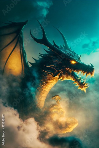 Illustration of dragon in the colourful glow, mist and fire. Ai generated content