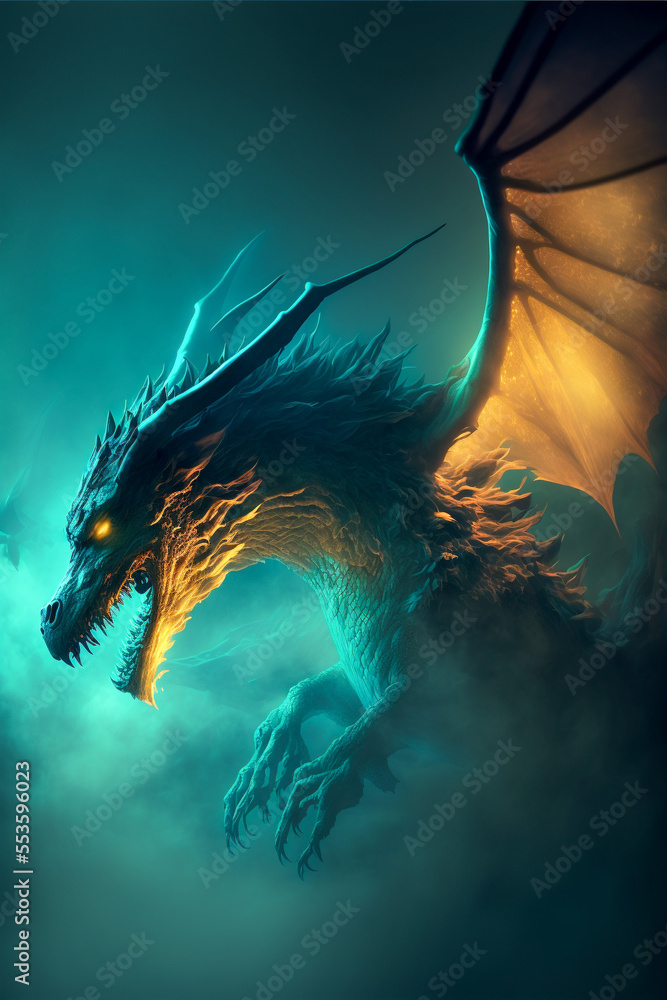 Illustration of dragon in the colourful glow, mist and fire. Ai generated content Illustration of dragon in the colourful glow, mist and fire. Ai generated content