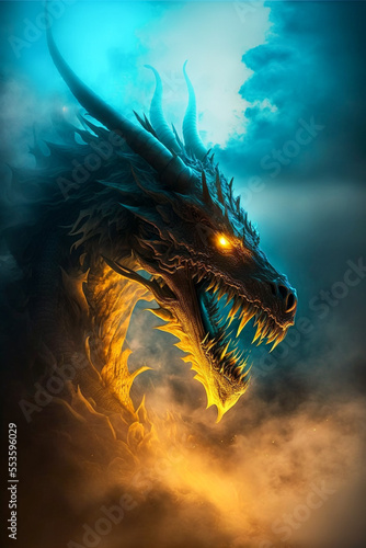 Illustration of dragon in the colourful glow, mist and fire. Ai generated content © bzzup