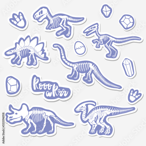 Vector sticker set with dinosaur skeleton isolated on a white background.