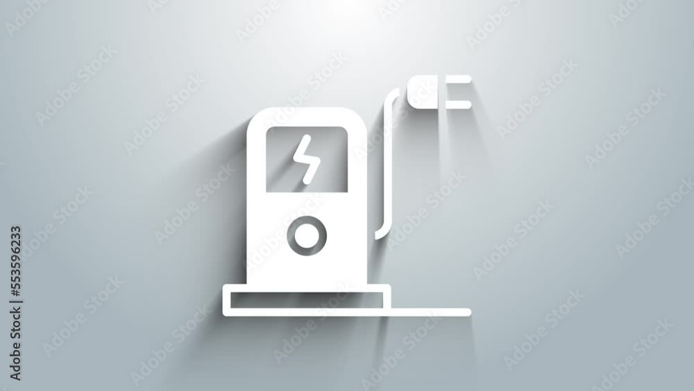 White Electric car charging station icon isolated on grey background. Eco electric fuel pump sign. 4K Video motion graphic animation White Electric car charging station icon isolated on grey background. Eco electric fuel pump sign. 4K Video motion graphic animation