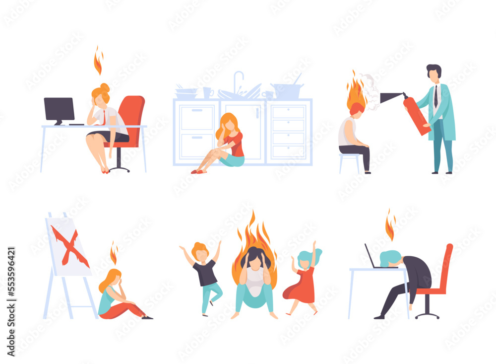 Burn out Stressed Man and Woman Feeling Fatigue and Exhaustion Vector Set