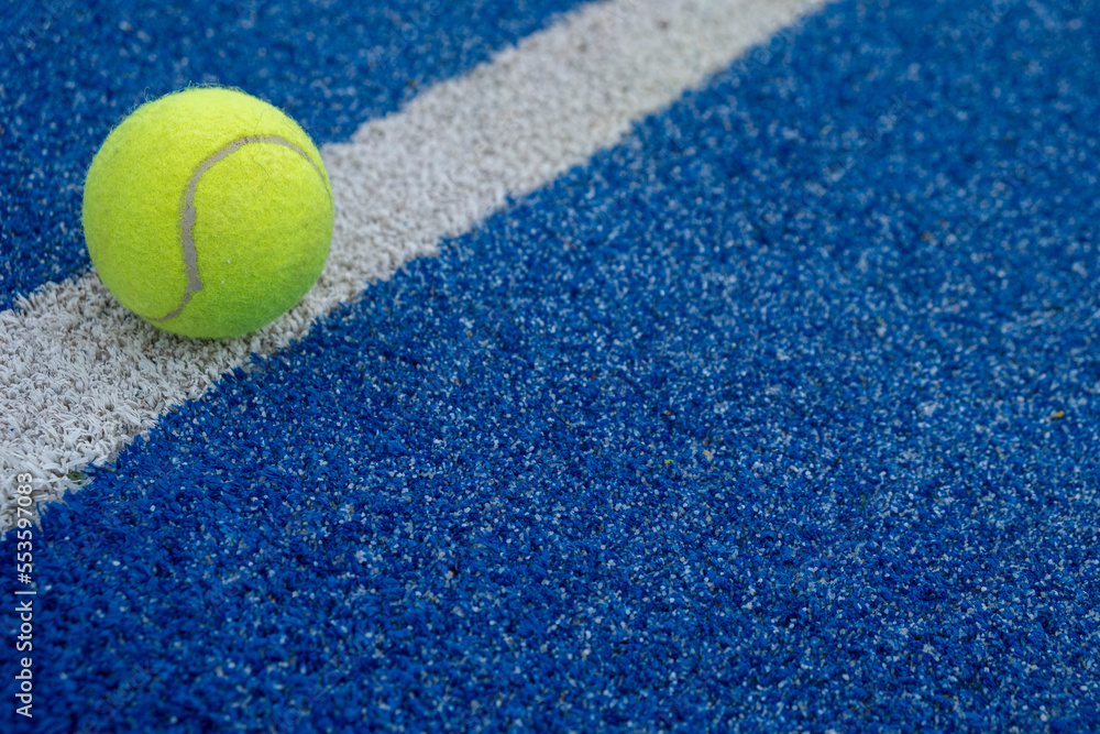 a ball on the boundary line of a blue paddle tennis court