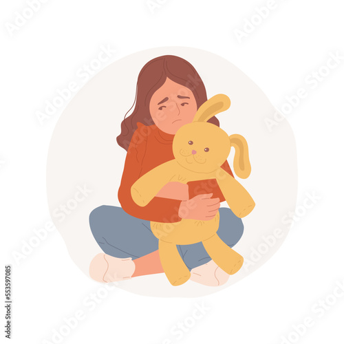 Loneliness isolated cartoon vector illustration. Sad kid holds stuffed animal, suffering from loneliness, negative emotional state, lack of social communication vector cartoon.