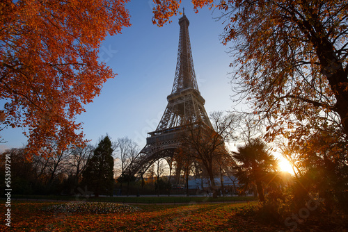 Scenic view of the Eiffel tower and Champ de Mars park on a beautiful and colorful autumn day .Paris. France . © kovalenkovpetr