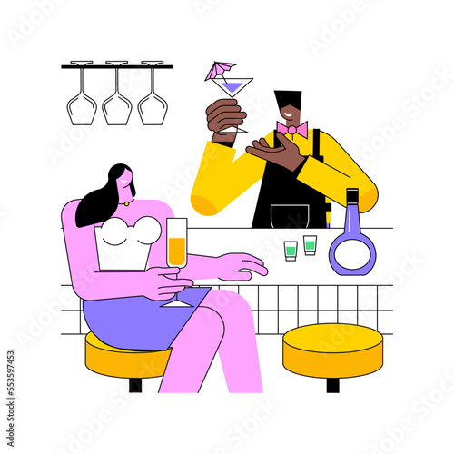 Chatting with bartender isolated cartoon vector illustrations. Girl talking with bartender, beverage preparation, great customer service, nightlife activity, cocktail bar vector cartoon.