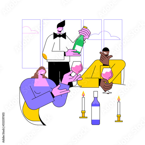 Wine tasting isolated cartoon vector illustrations. Professional sommelier presents wine to couple, drinking alcohol in the restaurant, people lifestyle, entertainment in a bar vector cartoon.