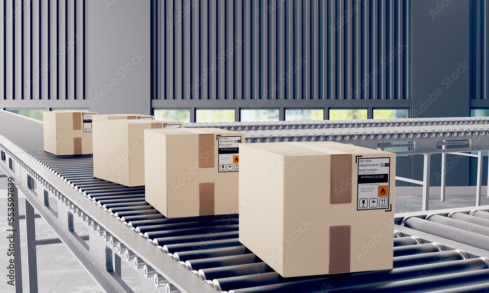 Production line. Boxes with flammable symbol. Cardboard boxes go on conveyor. Automated production line. Conveyor in industrial building. Factory without people. Production line with boxes. 3d image. Production line. Boxes with flammable symbol. Cardboard boxes go on conveyor. Automated production line. Conveyor in industrial building. Factory without people. Production line with boxes. 3d image.