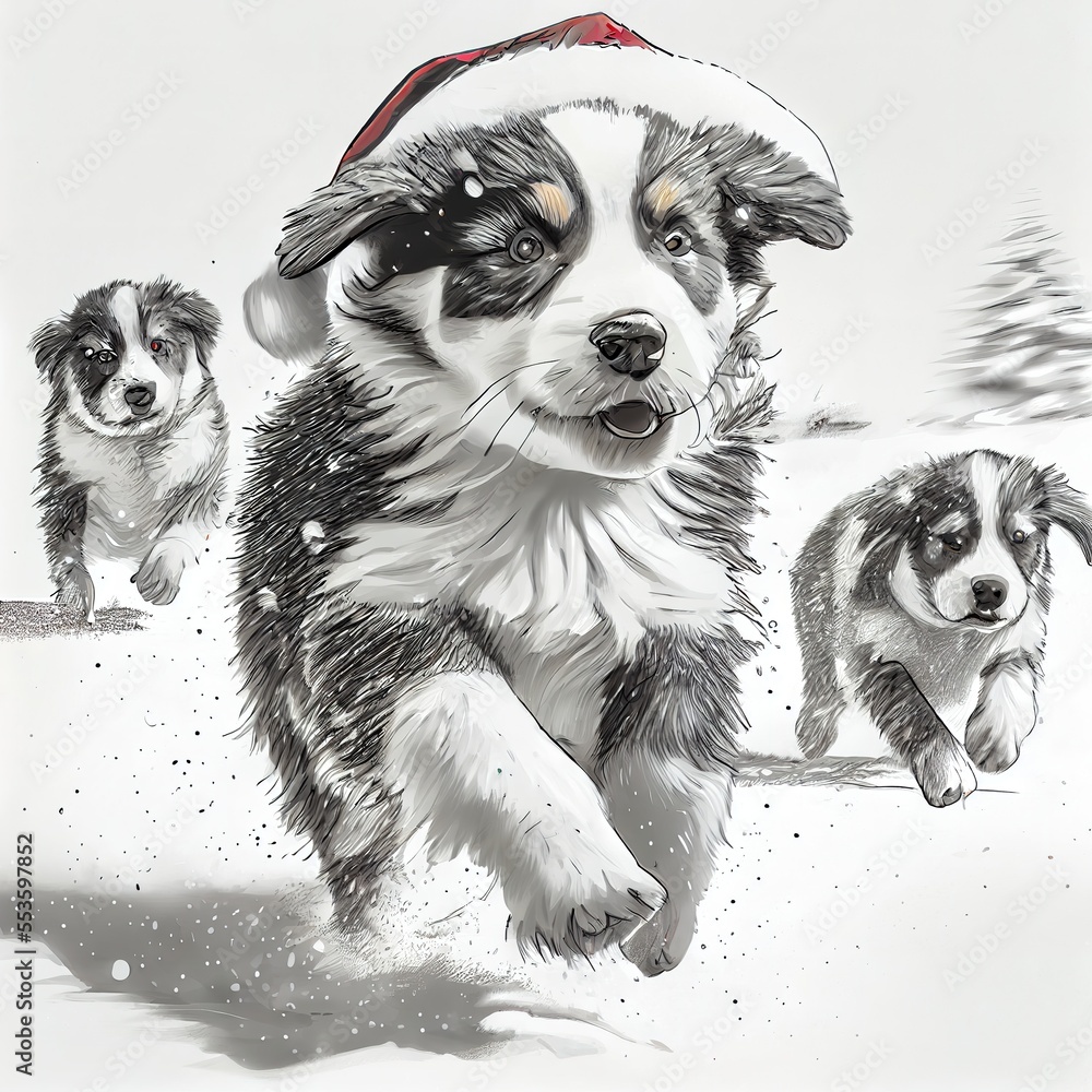 Australian shepherd, dogs running in the snow with a Christmas hat, generative AI