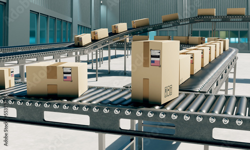 Conveyor with boxes. Produc...