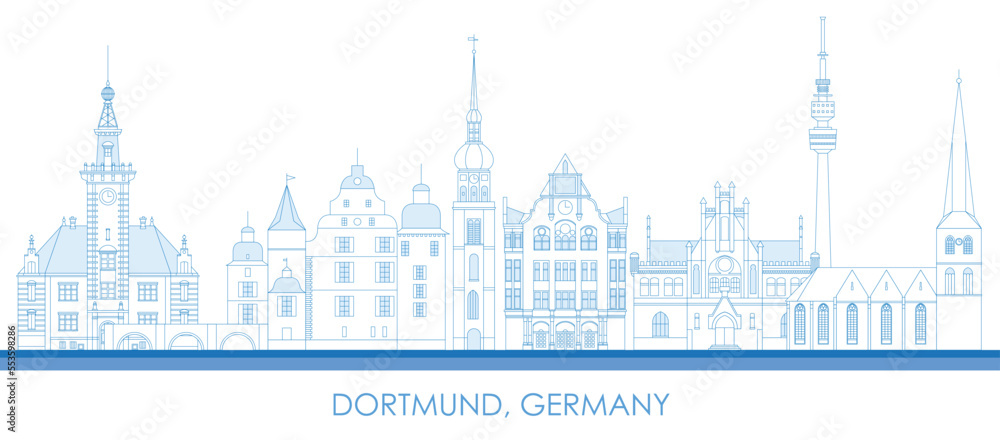Outline Skyline panorama of city of Dortmund, Germany  - vector illustration