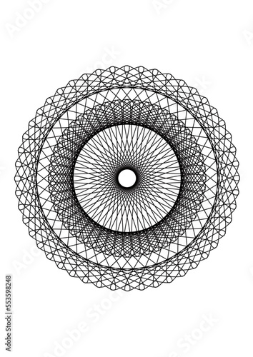 kreisförmige rosette mit abstaktem radial symmetrischem muster aus einer vielzahl verschlungener feiner linien schwarz-weiß