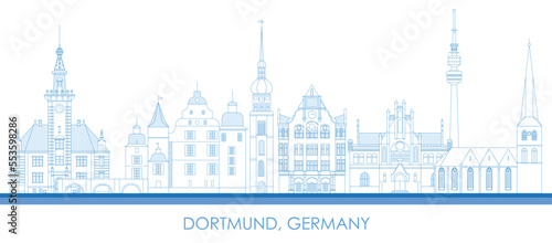 Outline Skyline panorama of city of Dortmund, Germany - vector illustration