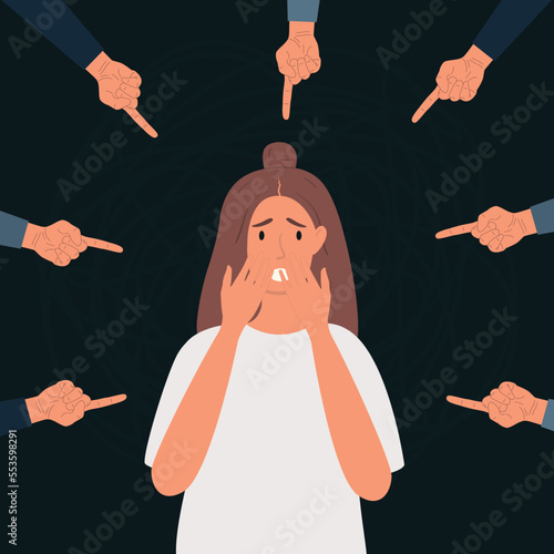 Vector illustration of a young woman who covers her face, surrounded by hands with an index finger pointing at her. Public censure, psychological abuse, bullying.