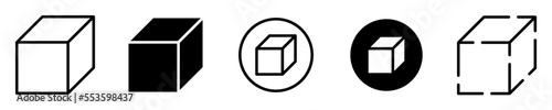 Conjunto de icono de cubo. Caja, paquete. Concepto de entretenimiento, servicio de envíos. Cubo de diferentes estilos. Ilustración vectorial