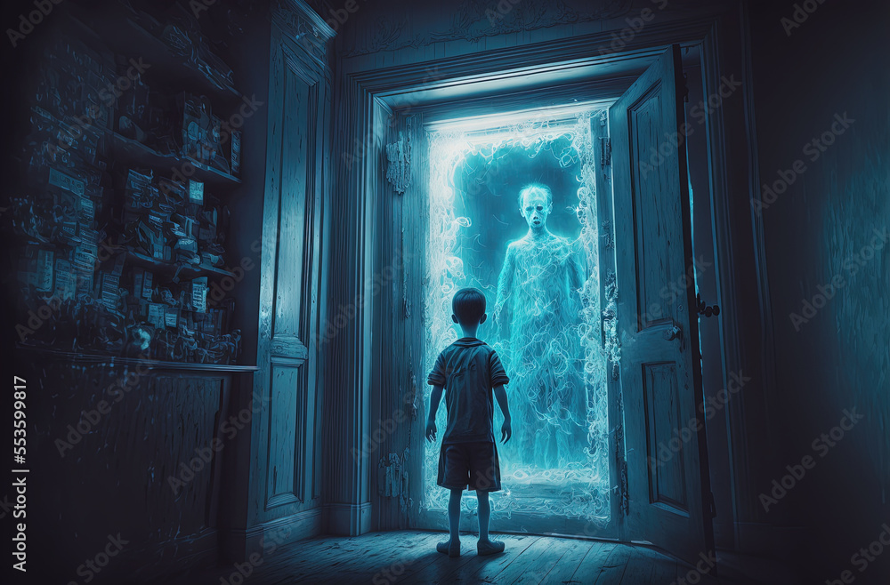 Young boy looking at blue levitating ghost at doorway in the haunted house. Postproducted generative AI digital illustration.