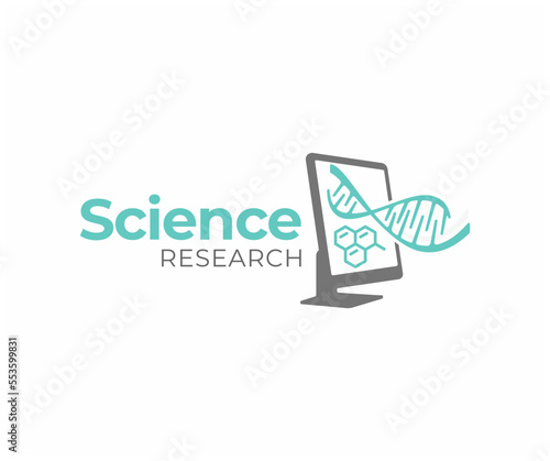 Data analysis in the laboratory logo design. Scientific lab with computer monitor and dna helix vector design. Scientific research of treatment development graphic design