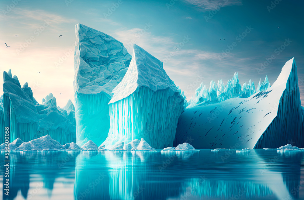 Majestic icebergs floating in nordic see. Postproducted generative AI digital illustration.