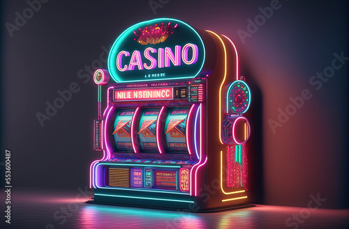 One neon shining casino slot machine at empty room. Postproducted generative AI digital illustration. photo
