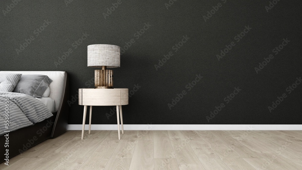 Wall mockup of a bedroom with a black wall, a bed and a nightstand with ...
