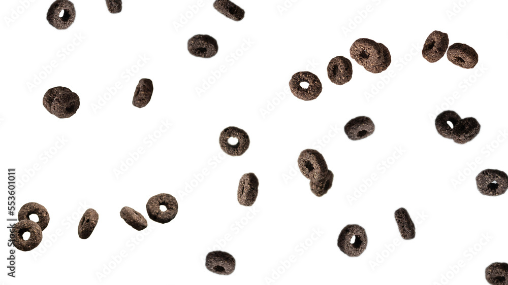 Chocolate rings cereal spill out into a bowl. Breakfast. Chocolate rings cereal spill out into a bowl. Breakfast.