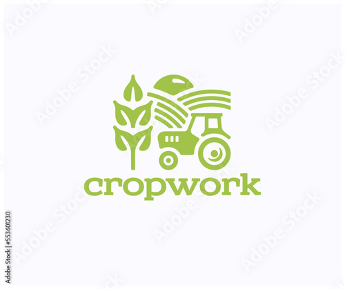 Agricultural machinery work logo design. Agricultural cultivating field, preparing land vector design. Wheat field agriculture graphic design