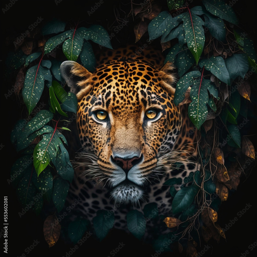 Tableau sur toile avec 3D illustration, beautiful image of a jaguar head, between trees, dark background, 3D rendering. #553602081