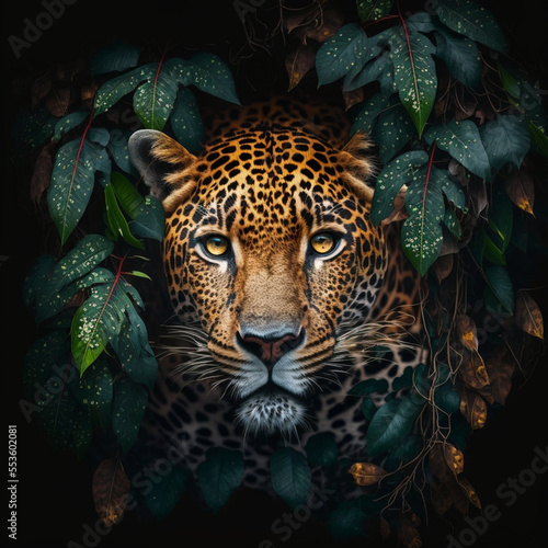 3D illustration, beautiful image of a jaguar head, between trees, dark background, 3D rendering. photo