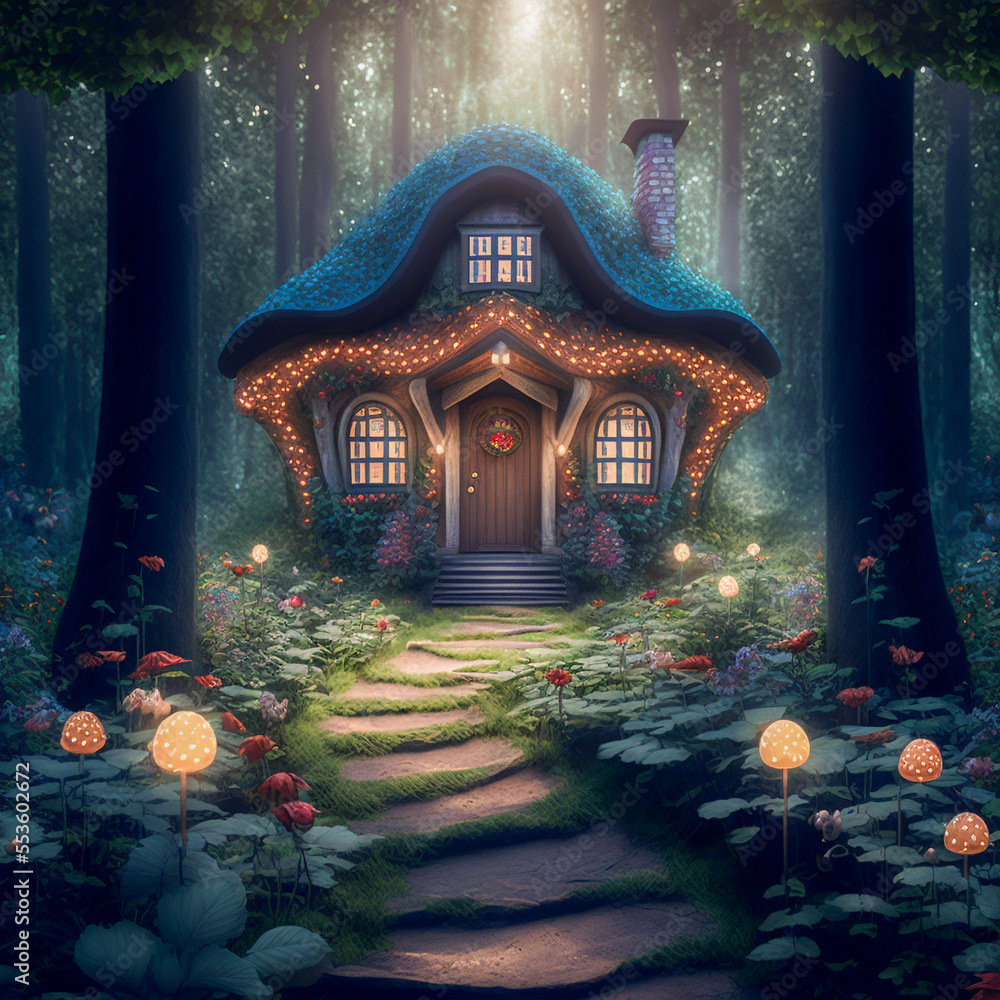 Fototapeta premium Cute fairy tail dwarf house in the forrest with mushrooms. AI generated illustration