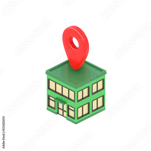 isometric post office building exterior with pin cartoon style 3d rendering