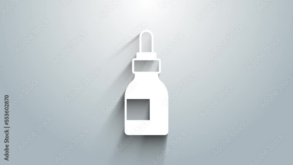 White Beard and mustaches care oil bottle icon isolated on grey background. Glass bottle with pipette. 4K Video motion graphic animation White Beard and mustaches care oil bottle icon isolated on grey background. Glass bottle with pipette. 4K Video motion graphic animation