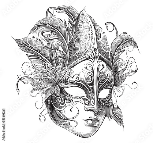 Carnival mask retro hand drawn sketch Vector illustration
