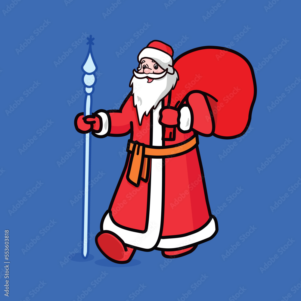 Ded Moroz walks with a bag of gifts and a staff. Santa Claus flat winter vector illustration Ded Moroz walks with a bag of gifts and a staff. Santa Claus flat winter vector illustration
