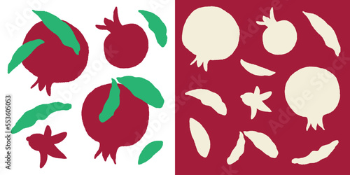 Flat pomegranate vector shapes. Pomegranate fruit, leaves and flower abstract elements