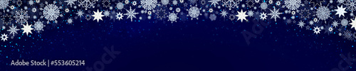 Winter snow frame border with stars and snowflakes on blue background.
