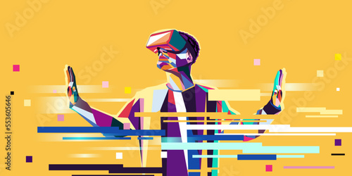 Vector illustration of a man wearing virtual reality glasses. The concept of modern technology. In modern art style.